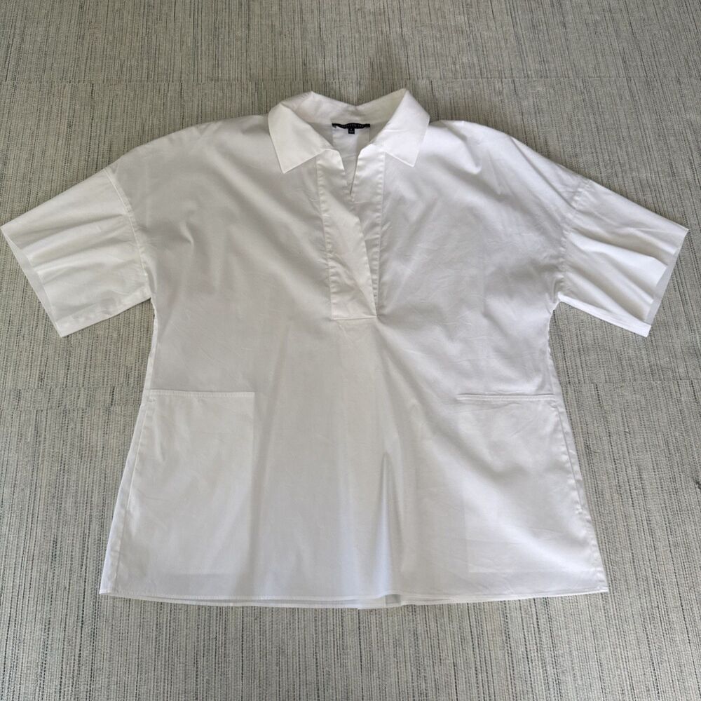 Lafayette 148 New York Split Neck White Poplin Short Sleeve Oversized Blouse L